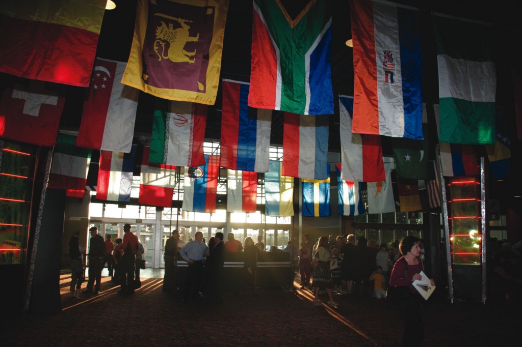 AMC lobby with sun thru flags
