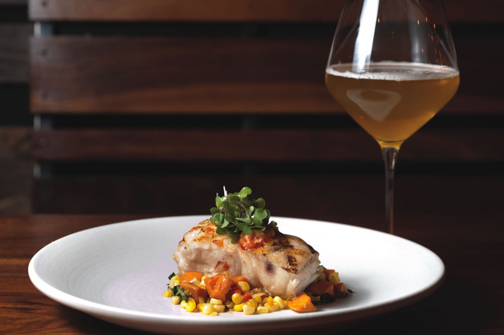 Sea bass is paired with Brewery Ommegang’s Duvel Rustica at The Abbot’s Cellar in San Francisco. 